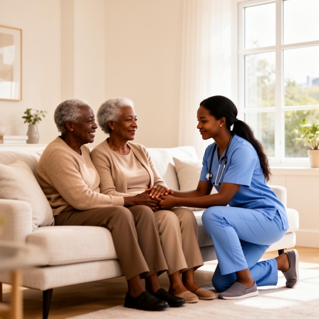 Warm home care scene with compassionate caregiver and older Black couple